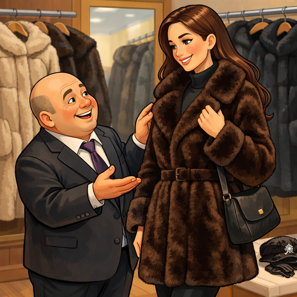 Мутоновая шуба: преимущества, особенности материала и как выбрать качественное изделие 1 Продавец помогает высокой девушке выбрать шубу из мутона в салоне Furprice